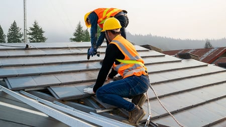 two workers on a house fixing a roof. 